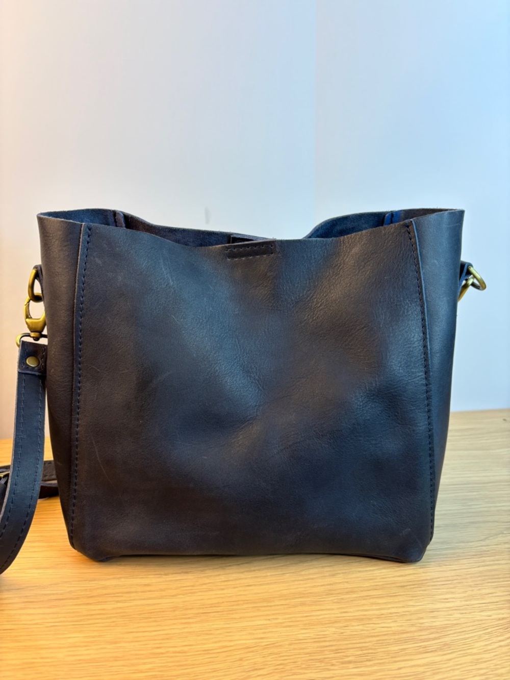 Butterfly Bucket Tote from Portland Leather Navy Blue Distressed Leather